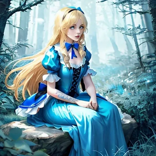 Prompt: Beautiful blonde goth Alice in Wonderland in long blue dress with tattoos on her arms, in a Wonderland woods background 