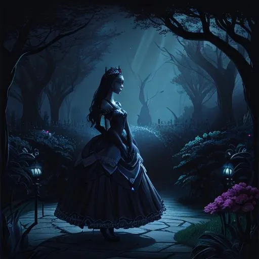 Prompt: shadow princess in a dark garden at night 