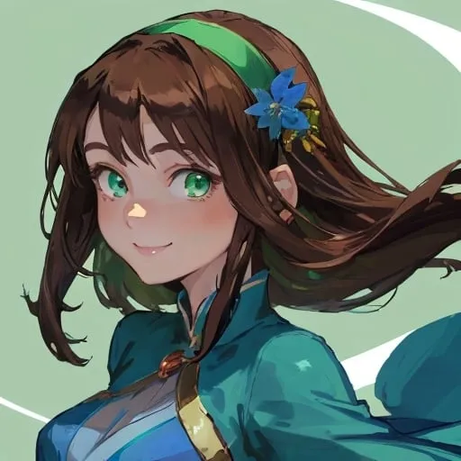 Prompt: Avatar portrait of a beautiful anime woman brown hair and hairband smiling green eyes wearing blue dress