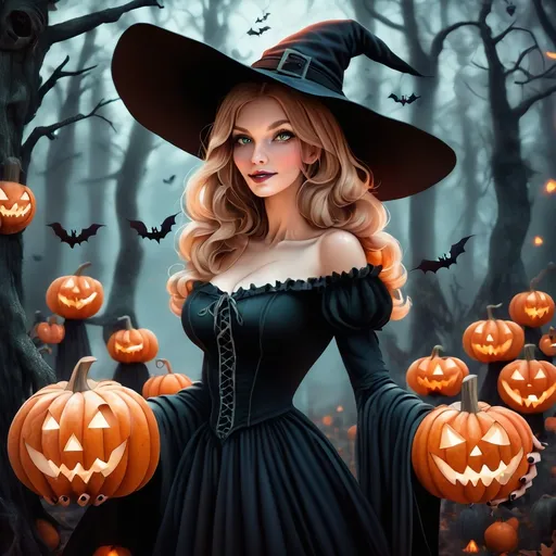 Prompt: Beautiful dark blonde woman witch with pumpkins in a spooky forest