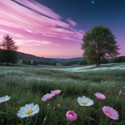 Prompt: Noctilucent clouds above a meadow with pink and white flowers 