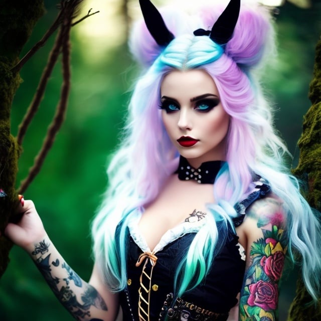 Prompt: Beautiful blonde punk Alice in Wonderland, long hair, tattoos on arms, Wonderland woods background, 4k, ultra-detailed, misc-gothic, punk, long hair, tattoos, mysterious, enchanted, dark tones, atmospheric lighting, woodland, surreal, detailed face, professional