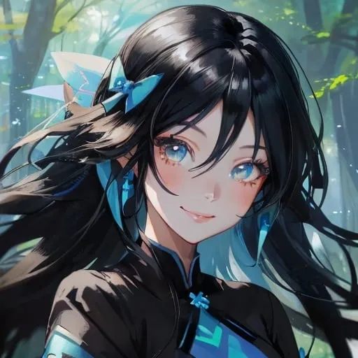 Prompt: Beautiful avatar portrait anime woman smiling black hair bows hazel eyes blue top by forest