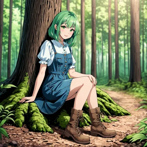 Prompt: Pretty girl green hair denim dress and boots in forest, 