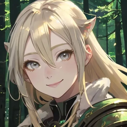 Prompt: Beautiful avatar portrait anime fantasy warrior woman smiling blonde hair grey eyes, forest background 