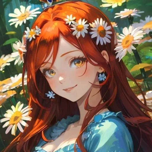Prompt: Beautiful avatar portrait anime woman smiling auburn hair daisies crown hazel eyes blue top by forest