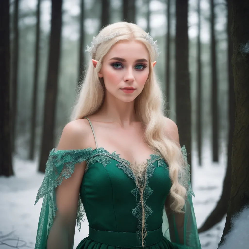 Prompt: Beautiful elf woman blonde hair in green dress, inside magical frosty forest