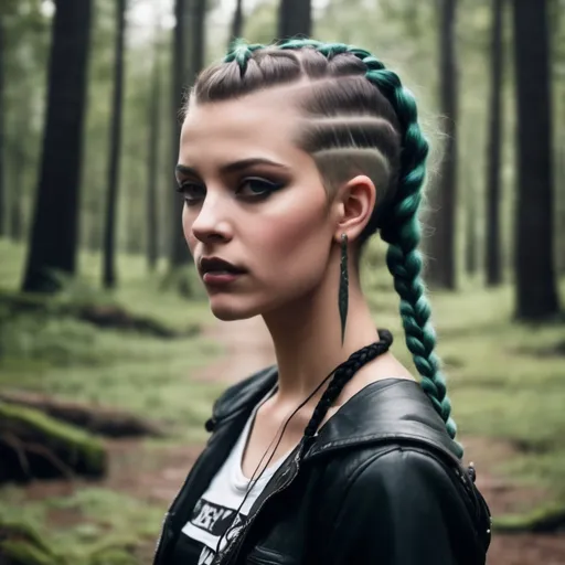 Prompt: Punk girl braided hair in forest background, 