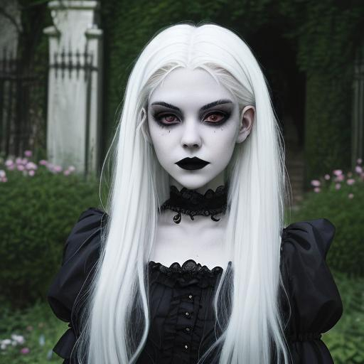 Prompt: Portrait of a pretty goth teenaged girl with white hair in a haunted garden