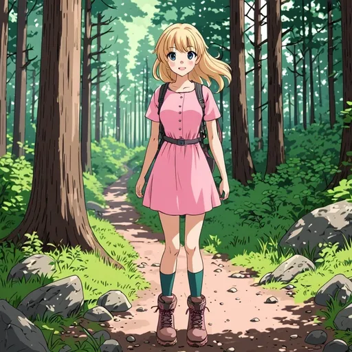 Prompt: Pretty anime cartoon girl blonde hair pink dress and hiking boots in forest 
