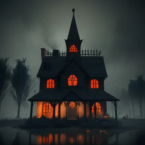 Prompt: Witch's gothic house with pumpkins and colourful smoke pouring from the chimney, in a swamp, Unreal Engine 