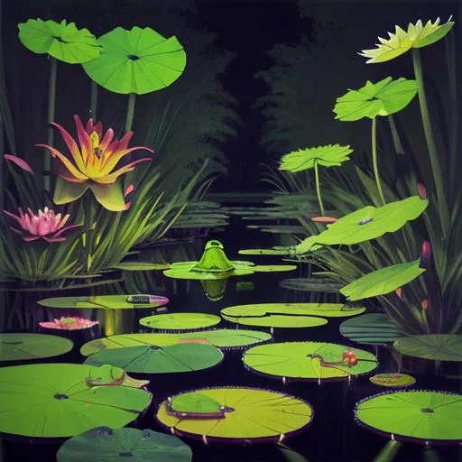 Prompt: Neon pond with lily pads and frog in a dark garden at night 