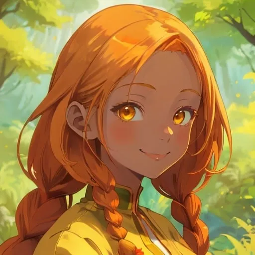 Prompt: Beautiful avatar portrait anime woman smiling ginger braids hair tan complexion yellow dress by forest
