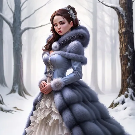 Prompt: Pretty princess in fur dress in cold frosty woods, style of Artgerm