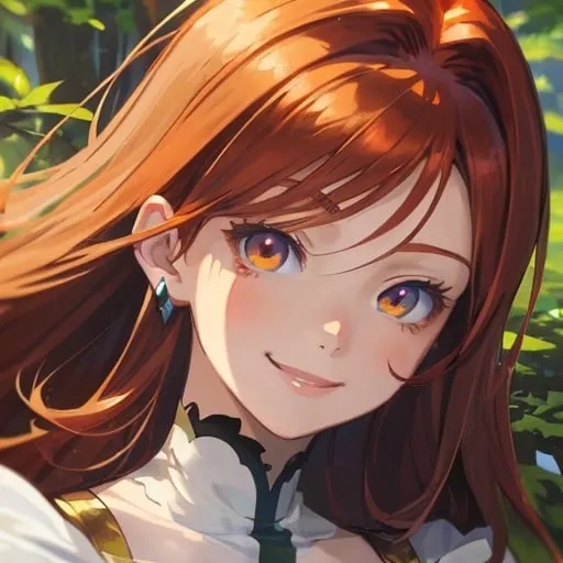 Prompt: Beautiful avatar portrait anime woman smiling auburn hair dairies crown hazel eyes white top by forest