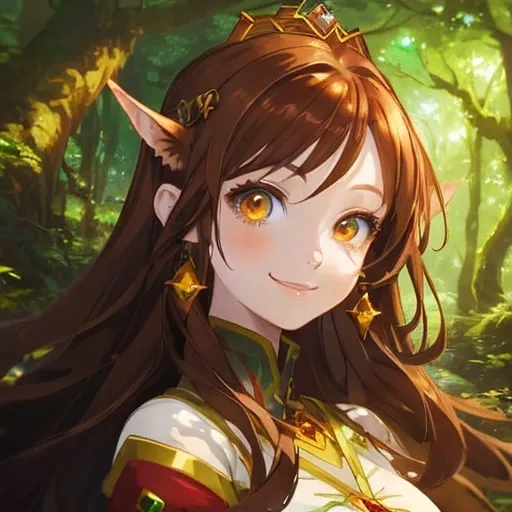 Prompt: Beautiful avatar portrait anime fantasy princess smiling brown hair amber eyes, forest background 