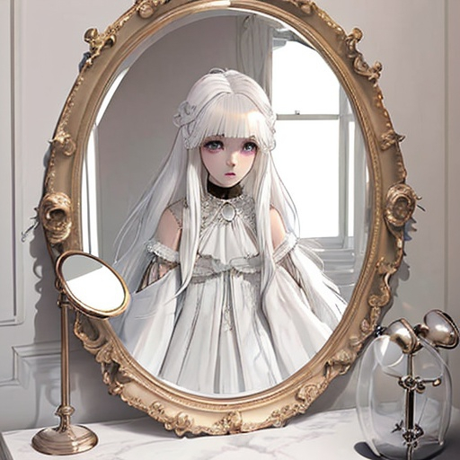 Prompt: white haired beautiful ghost girl looking into a large oval mirror in baroque room at night WLOP