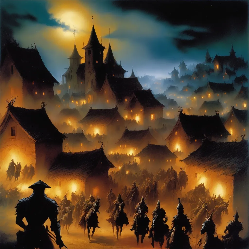 Prompt: A village at night with a ghostly army in the sky, fantasy, style of Boris Vallejo, Renaissance, warm colours, ominous   