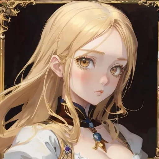 Prompt: Avatar portrait of a beautiful anime woman blonde hair hazel eyes wearing Medieval dress baroque frame