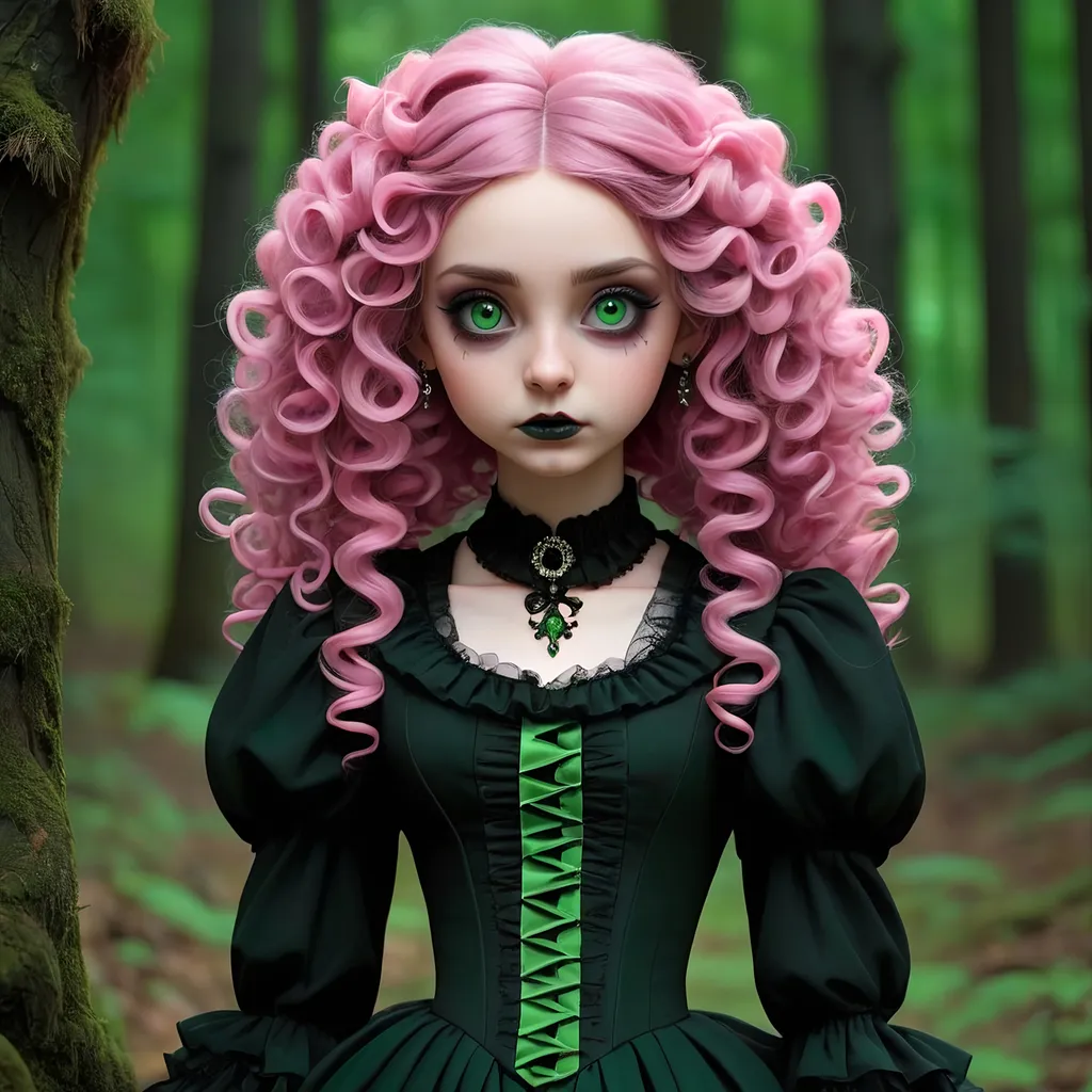 Prompt: Goth girl long pink and green ringlets in Victorian black dress, dark forest background, 