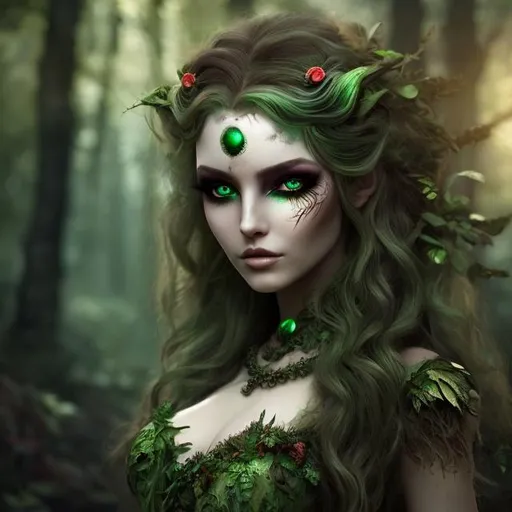 Prompt: Beautiful dryad woman, red wavy hair, green Medieval dress, green eye make-up, large false eye lashes, forest background, Unreal Engine, fantasy