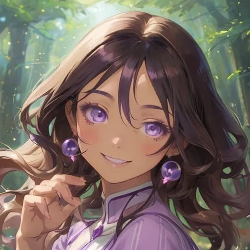 Prompt: Beautiful avatar portrait anime woman smiling brunette ringlets tan complexion lilac dress by forest