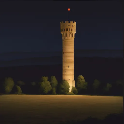 Prompt: Tall tower with stripes, at night in an open field, surrounded by bushes, slightly Medieval