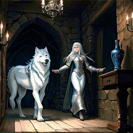 Prompt: Frost wolf entering a Medieval house at night, ominous, fantasy  