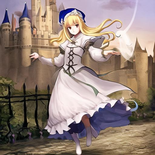 Prompt: A pretty ghost girl with blonde hair wearing Medieval dress outside a castle