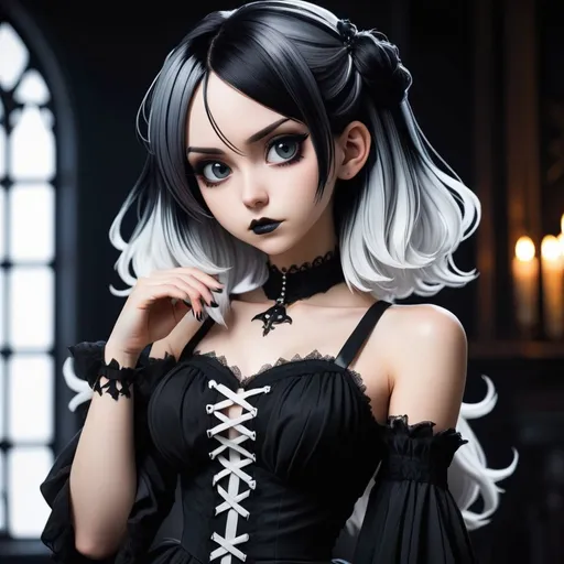 Prompt:  Beautiful anime woman with black and white ombre hair, she's wearing a gothic dress, dark room background
