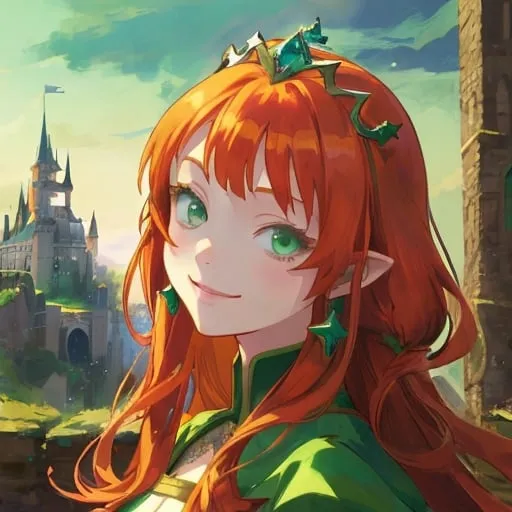 Prompt: Beautiful avatar portrait Medieval anime princess smiling ginger hair tiara green eyes, castle background 