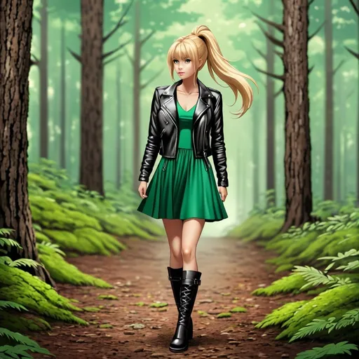 Prompt: Pretty girl blonde ponytail hair leather jacket, green dress and boots in forest, 