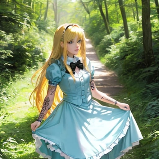 Prompt: Beautiful blonde punk Alice in Wonderland long hair with tattoos on her arms, in a Wonderland woods background 