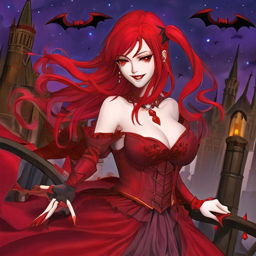 Prompt: A vampire woman with red hair, in Medieval dress, and red gems and red crystals jewellery, night sky, bats and castle background