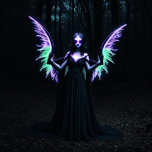 Prompt: Beautiful shadow woman in long dress with neon wings in a dark spooky forest at night 