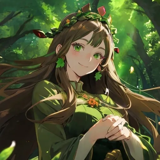 Prompt: Beautiful anime woman brown hair Medieval long green dress smiling green eyes wearing flowers crown in woods