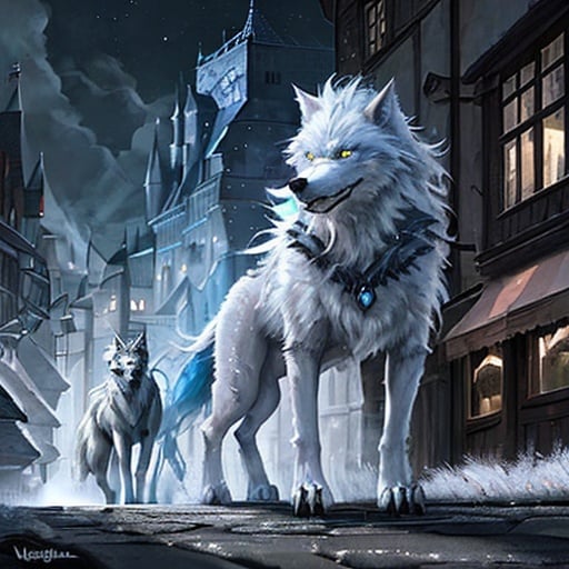 Prompt: Frost wolf lurking in Medieval city street at night and, ominous, fantasy  