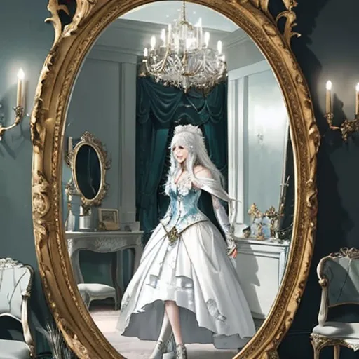 Prompt: Frost wolf looking into a large oval mirror in baroque room at night 