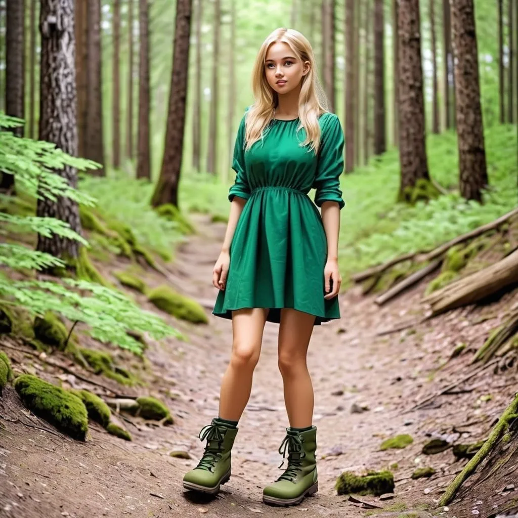 Pretty girl blonde hair green dress and hiking boots