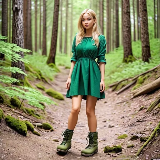 Prompt: Pretty girl blonde hair green dress and hiking boots in forest 