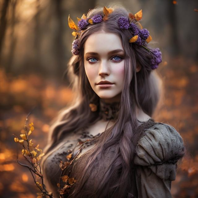 Prompt: Portrait of a beautiful blackthorn dryad, light ash brown hair, purple Medieval dress, Autumn forest background, Unreal Engine, fantasy 