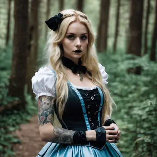 Prompt: Beautiful blonde punk Alice in Wonderland long hair with tattoos on her arms, in a Wonderland woods background 