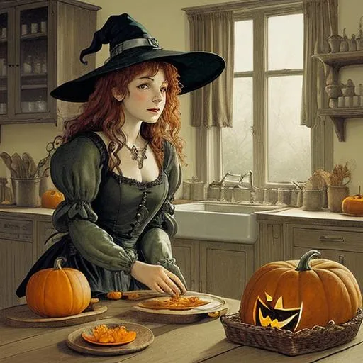 Prompt: Beautiful young witch and pumpkin spirits in the kitchen, style of Arthur Rackham, 