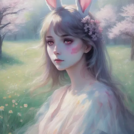 Prompt: Ghost semi transparent of bunny girl anime, in Spring meadow of flowers and blossoms, pastel colours, beautiful, Mysterious, oil on canvas