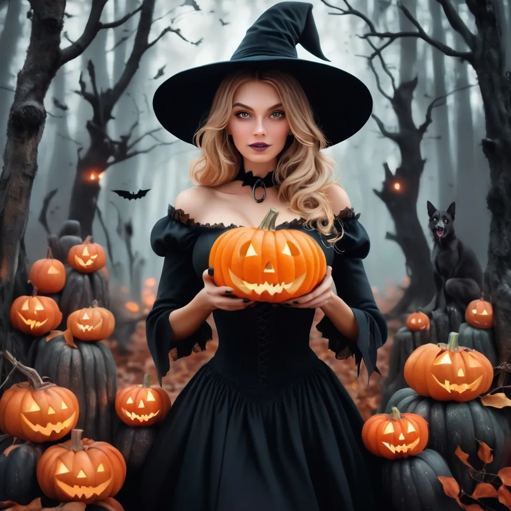 Prompt: Beautiful dark blonde woman witch with pumpkins in a spooky forest