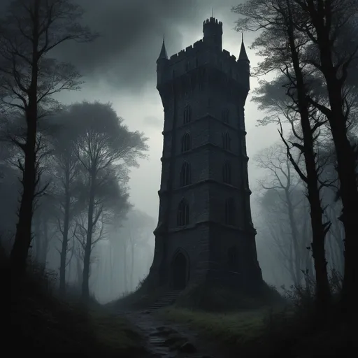 Prompt: Dark fantasy, mysterious, thin black tower, creepy forest, Edmund Leighton style, Caspar David Friedrich style, detailed, atmospheric lighting, highres, dark tones, haunting, ominous, eerie, medieval, gothic, tall tower, dense foliage, misty, evocative, sinister, surreal, high-quality rendering