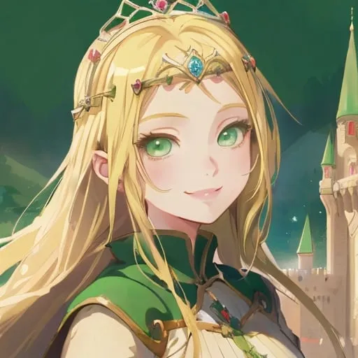 Prompt: Beautiful avatar portrait Medieval anime princess smiling blonde hair tiara green eyes, castle background 
