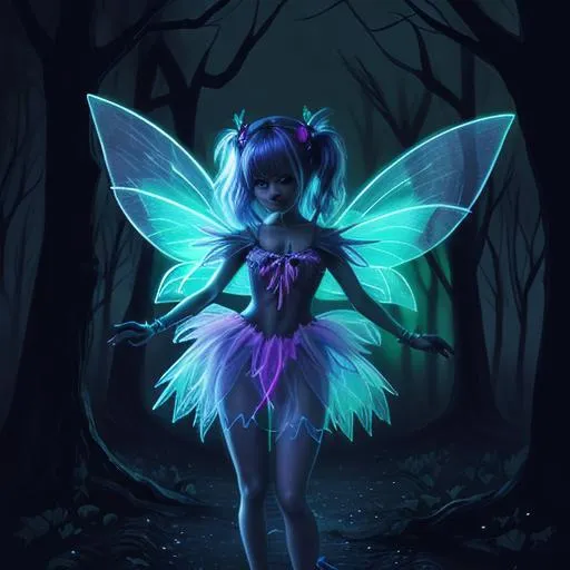 Prompt: Cute neon fairy girl in a dark spooky forest at night 