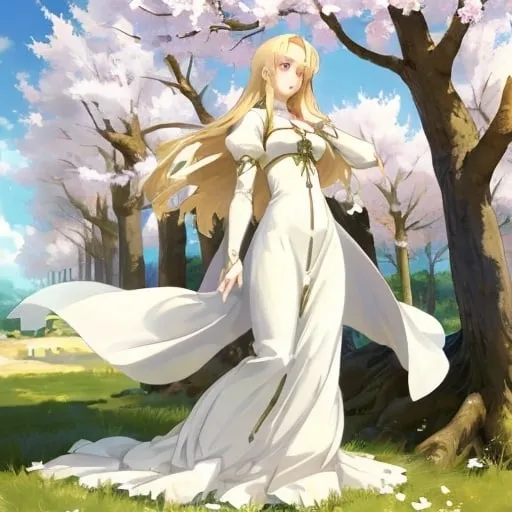 Prompt: Beautiful anime woman blonde hair Medieval long white dress by Spring trees