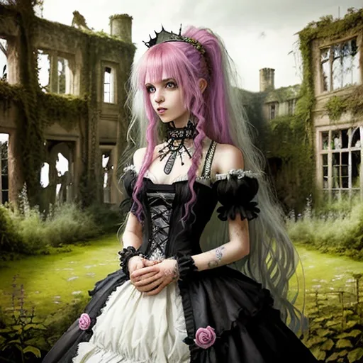 Prompt: Pretty punk princess long hair in overgrown garden of ruined manor house  